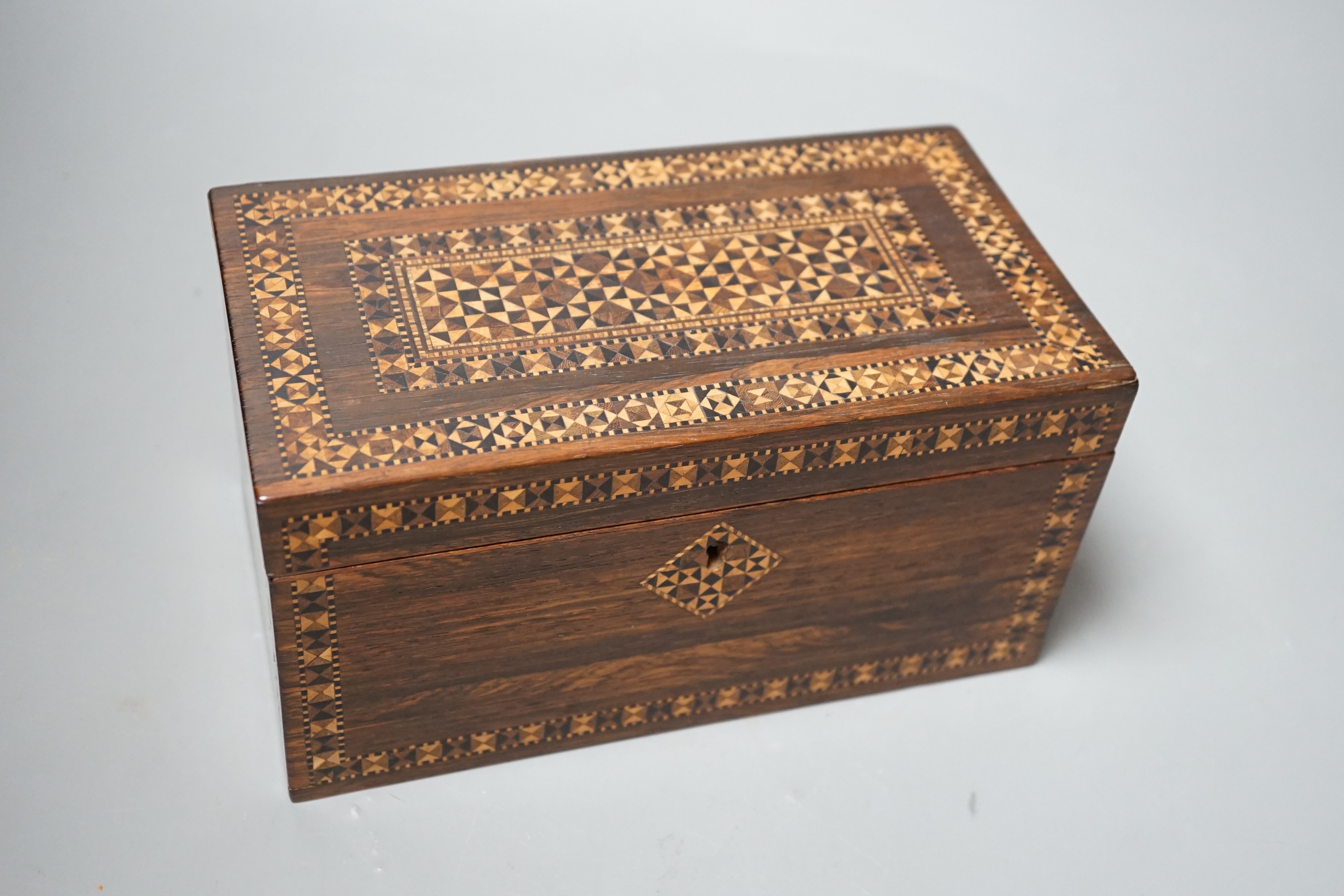 A Tunbridge ware rosewood and half square mosaic tea caddy, c.1830, 21cm wide